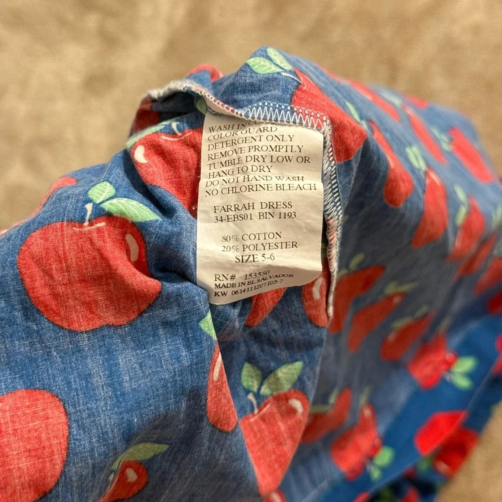 Eleanor Rose Farrah Dress Girls Size 5-6 Blue Red Apple Print Ruffle Sleeveless